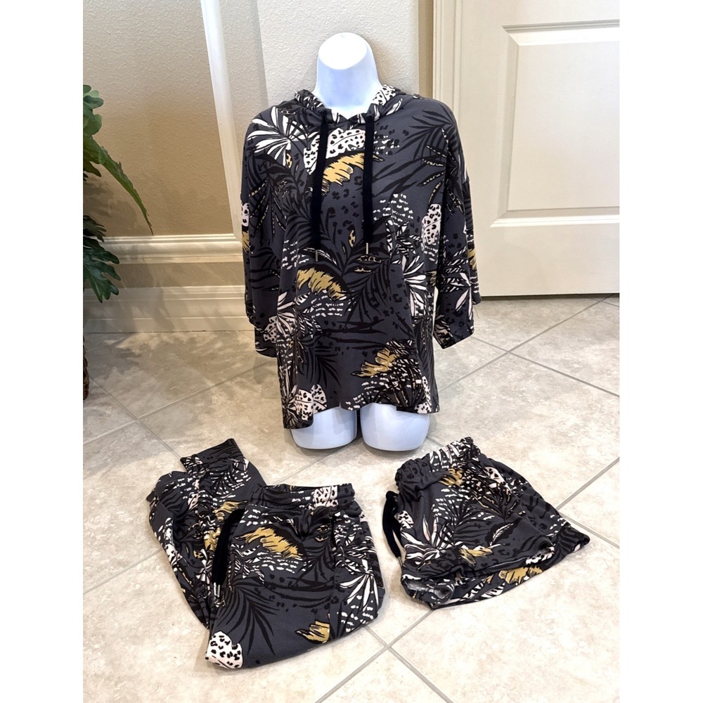 Midnight Bakery 3-Pc. Gray Palm Loungewear Hooded Top Joggers & Shorts Set NWOT